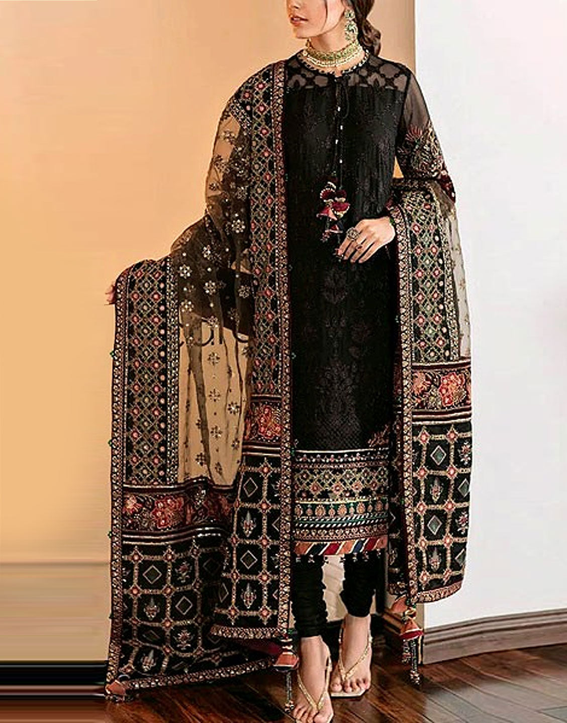 Heavy Sequins Embroidered Black Cotton Dress  with Printed Diamond Dupatta
