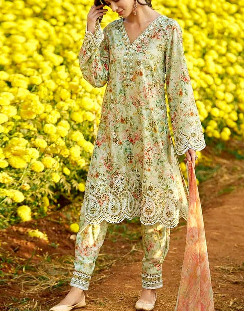 Digital Print Schiffli Embroidered Lawn Suit  with Printed Silk Dupatta
