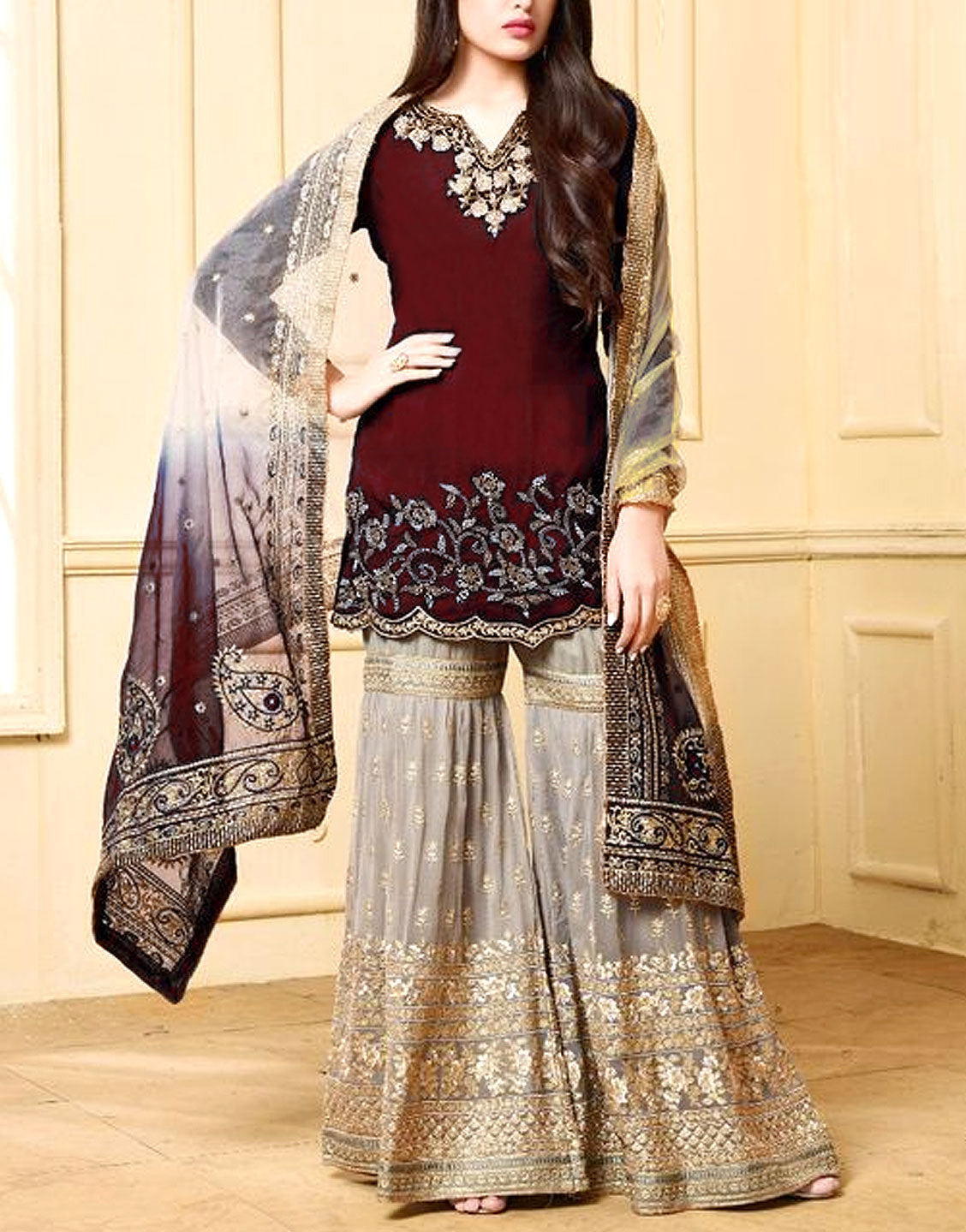 Indian Heavy Embroidered Chiffon Suit with Net Dupatta