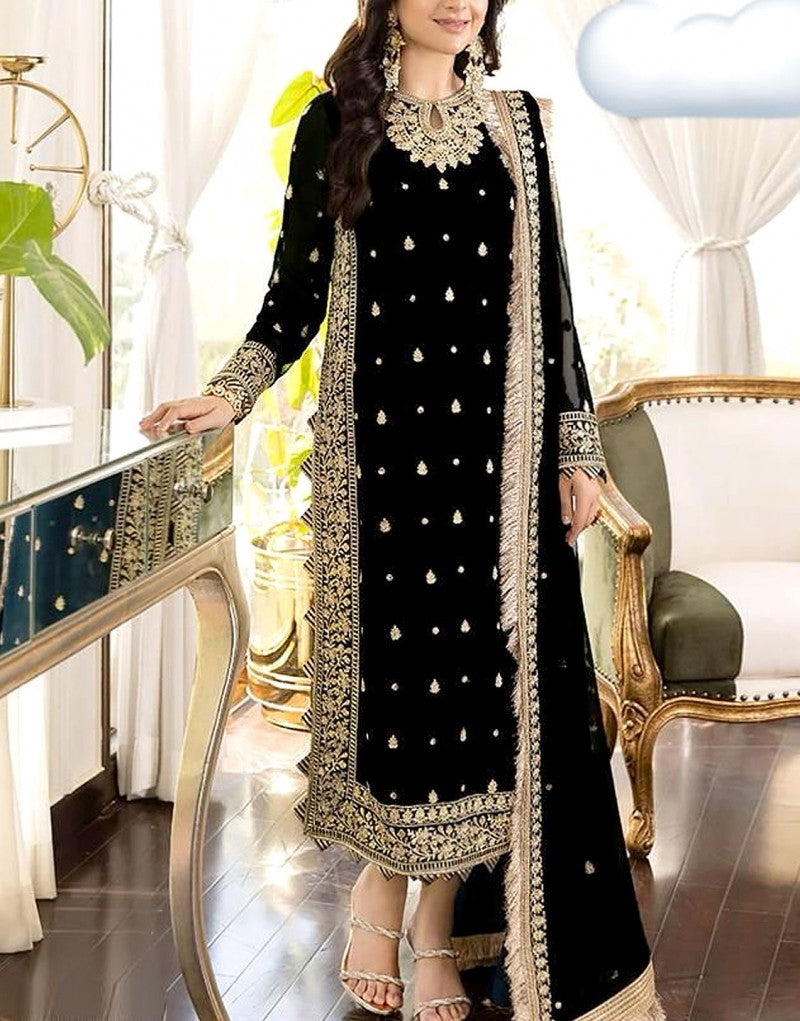 Heavy Embroidered Black Chiffon Wedding Dress 
