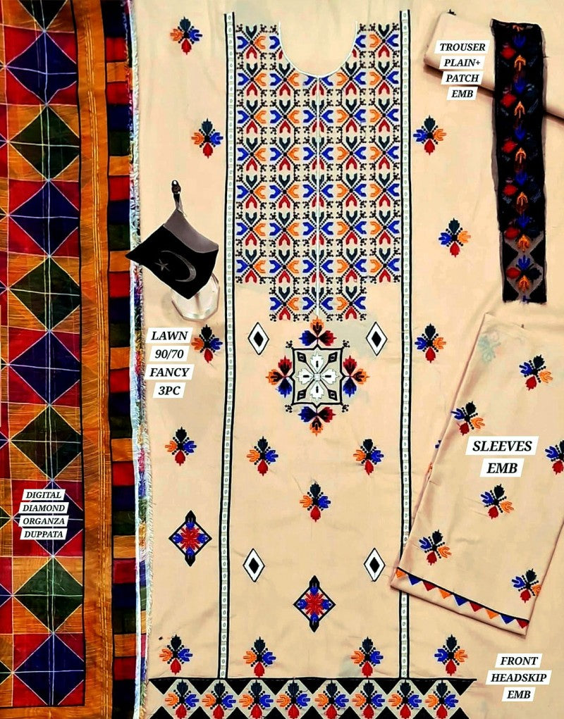 Heavy Embroidered Lawn Suit with Digital Print Diamond Dupatta - Out of Stock
