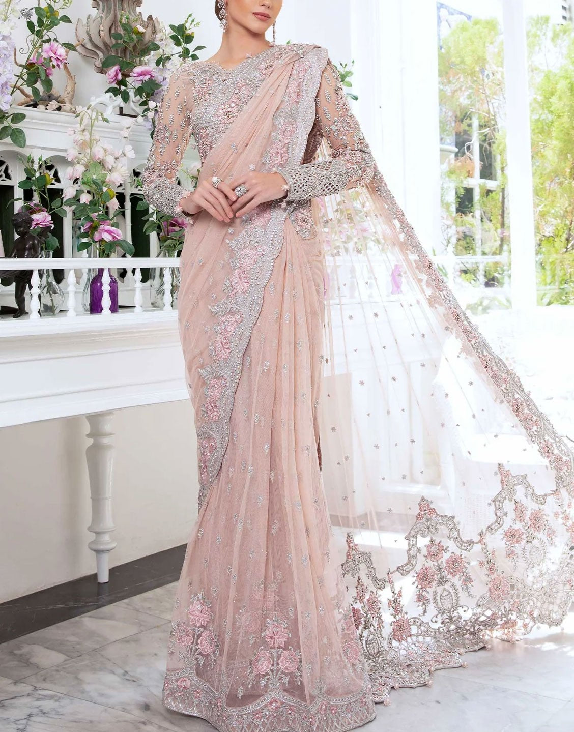 Luxury Maria B Formal Net Wedding Saree Dress | Dahlia MC-809-S