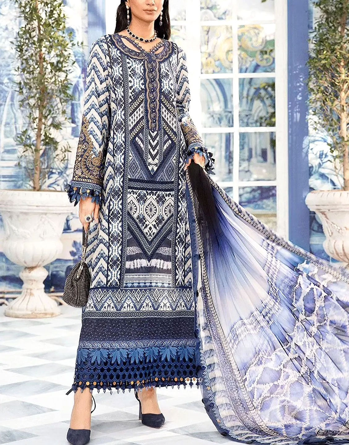 All-Over Print Embroidered Lawn Suit 2024 With Chiffon Dupatta