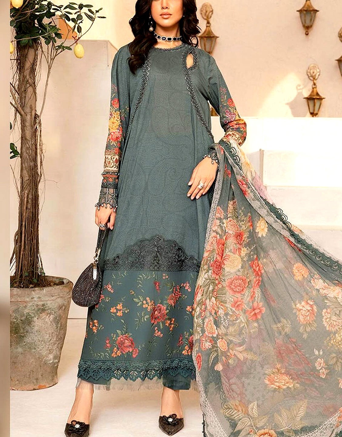 Luxury Embroidered Lawn Dress  with Chiffon Dupatta