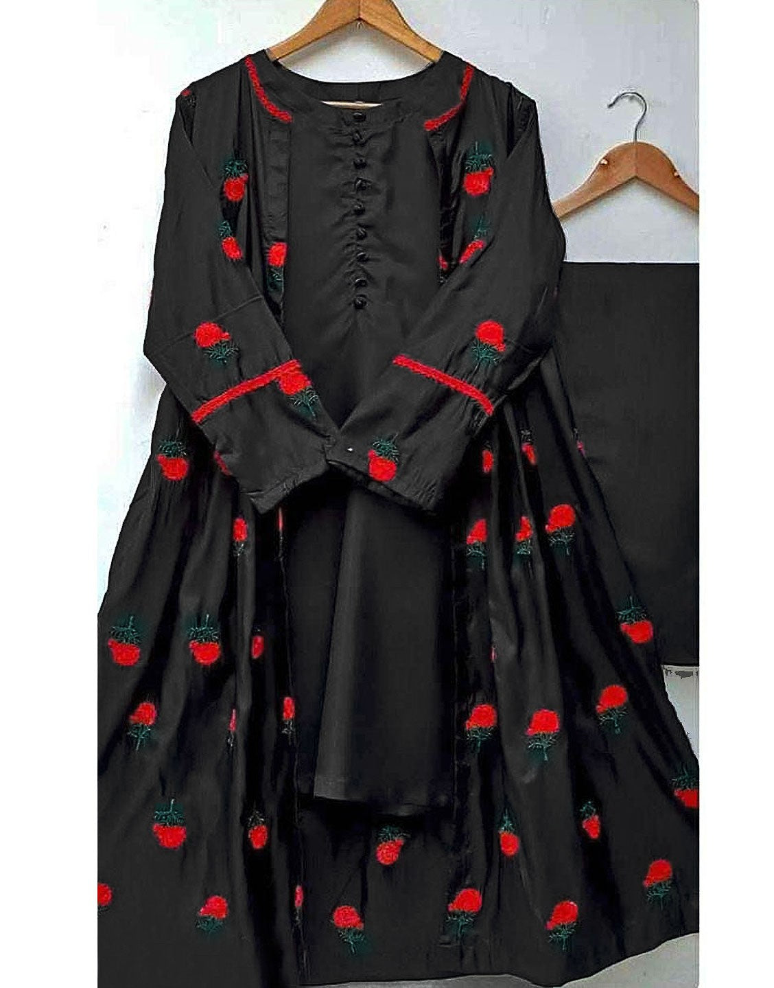 Readymade 3-Piece Flower Embroidered Gown Style Shamoz Silk Dress