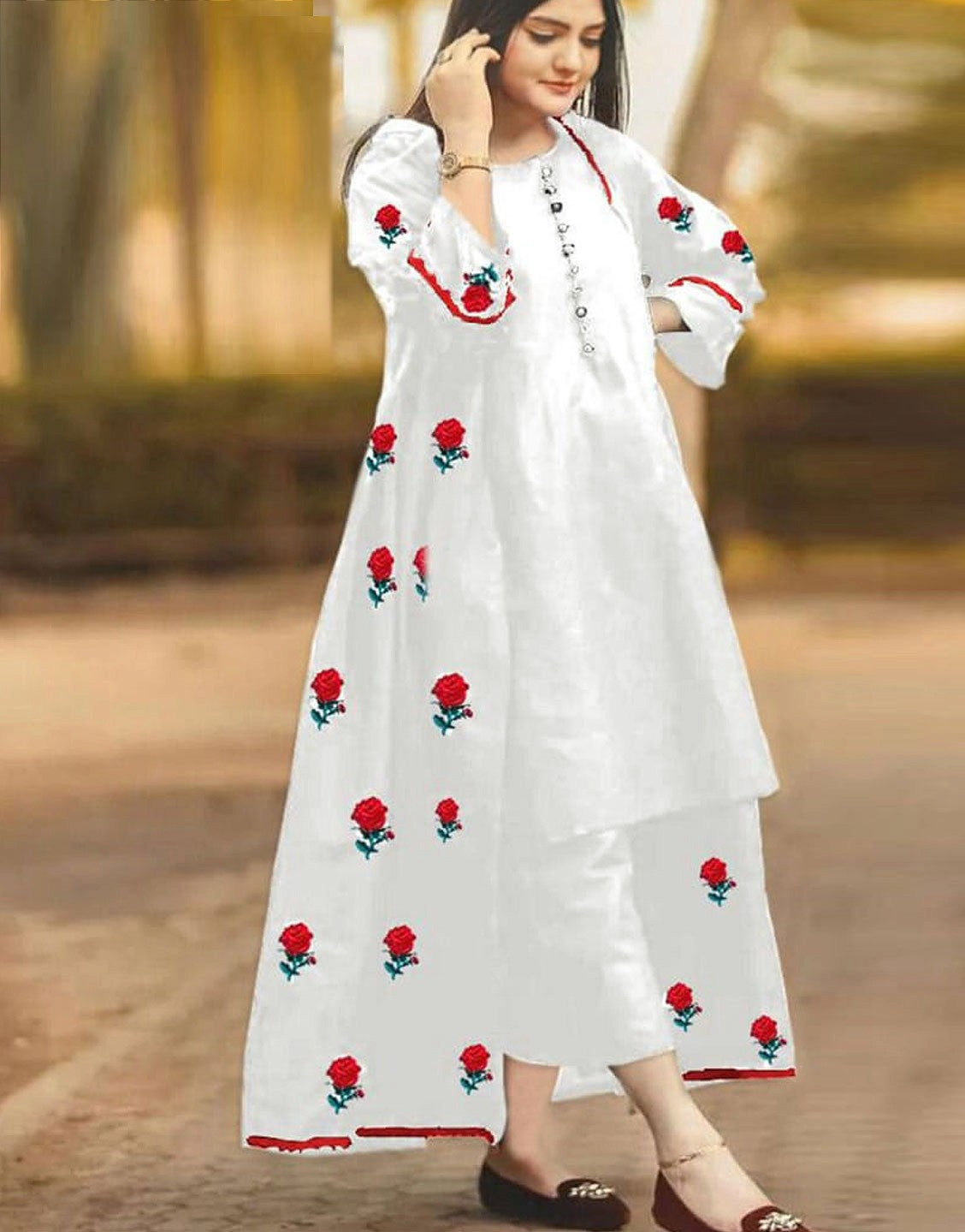 Readymade 3-Piece Flower Embroidered Gown Style Shamoz Silk Dress