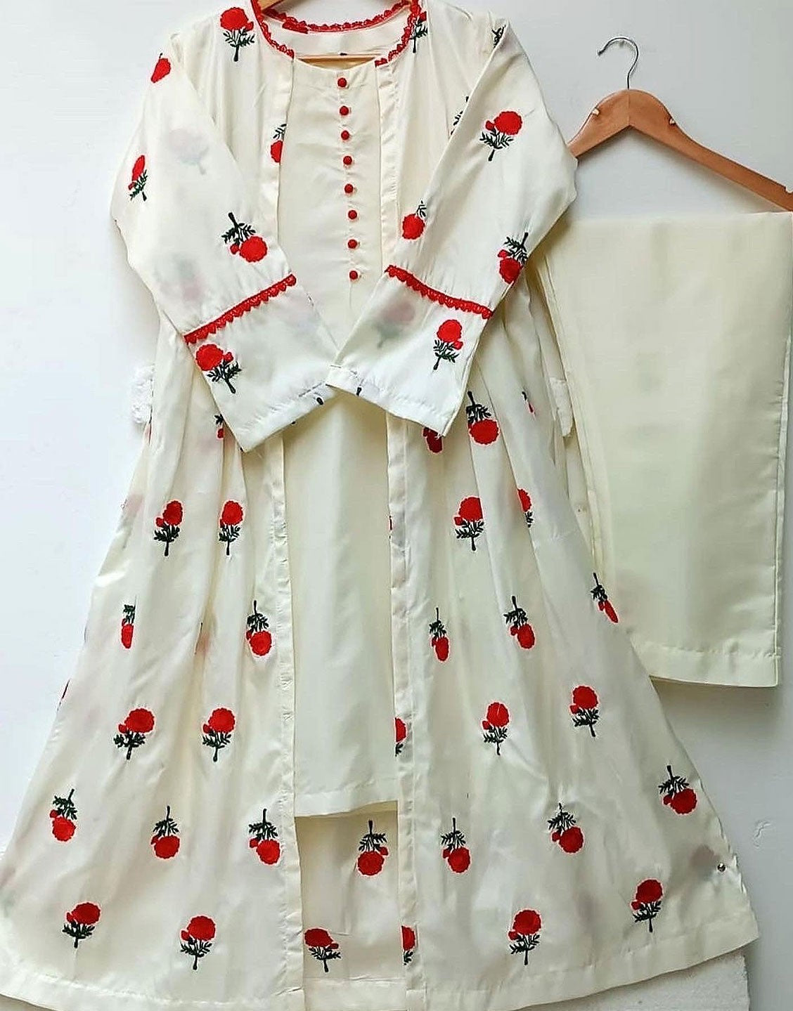 Readymade 3-Piece Flower Embroidered Gown Style Shamoz Silk Dress
