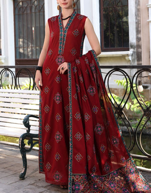 Bareeze Ajrak Design Shisha Work Air Jet Lawn | BNL2435-Maroon