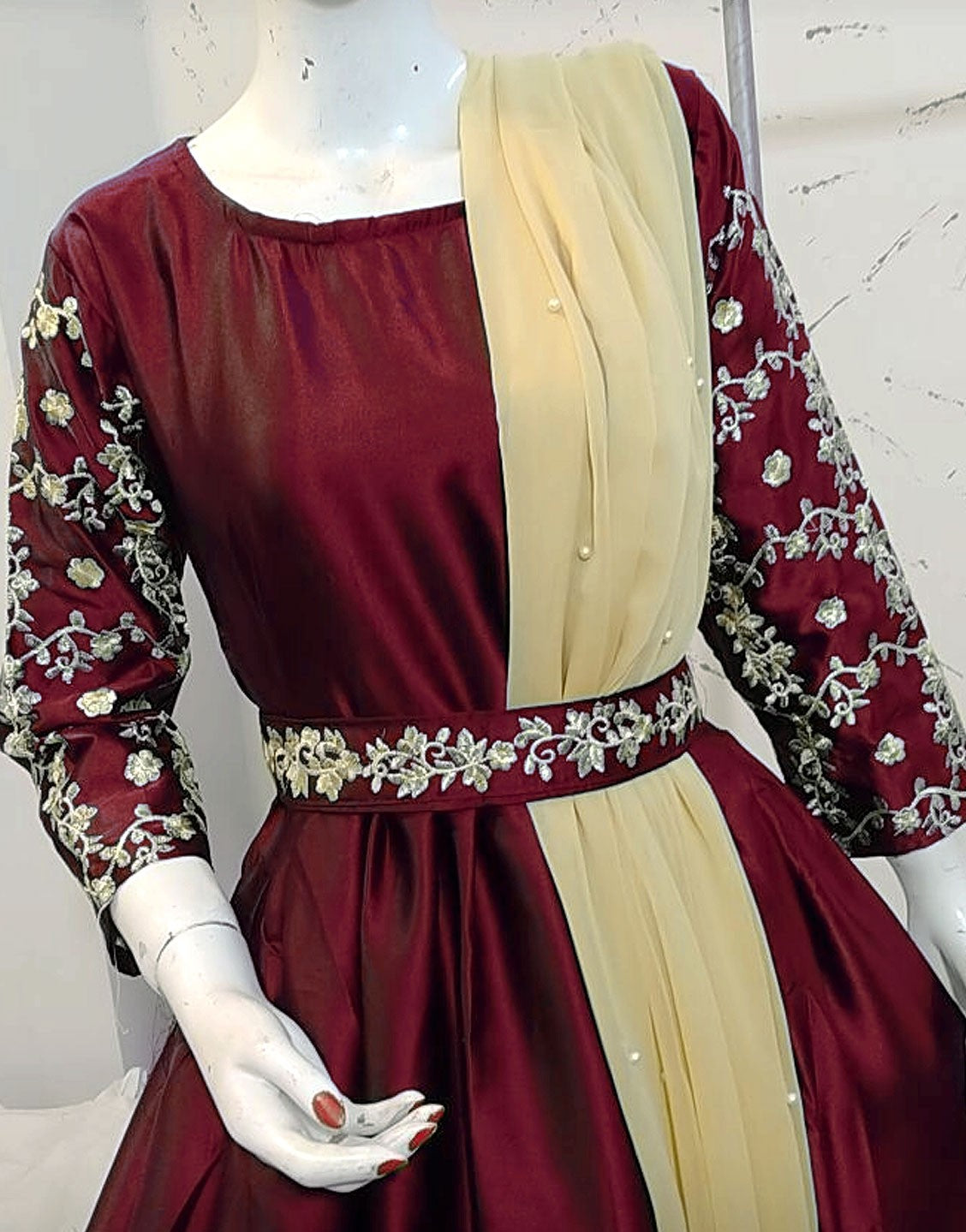 Readymade Embroidered Shamoz Silk Maxi with Net Dupatta - Out of Stock