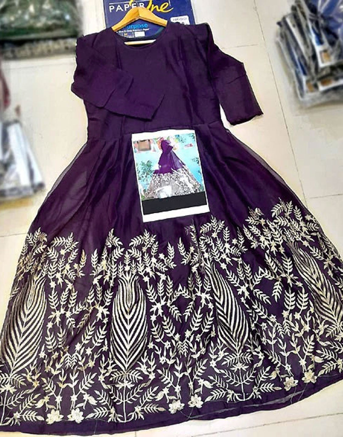 Readymade Embroidered Purple Chiffon Maxi with Inner