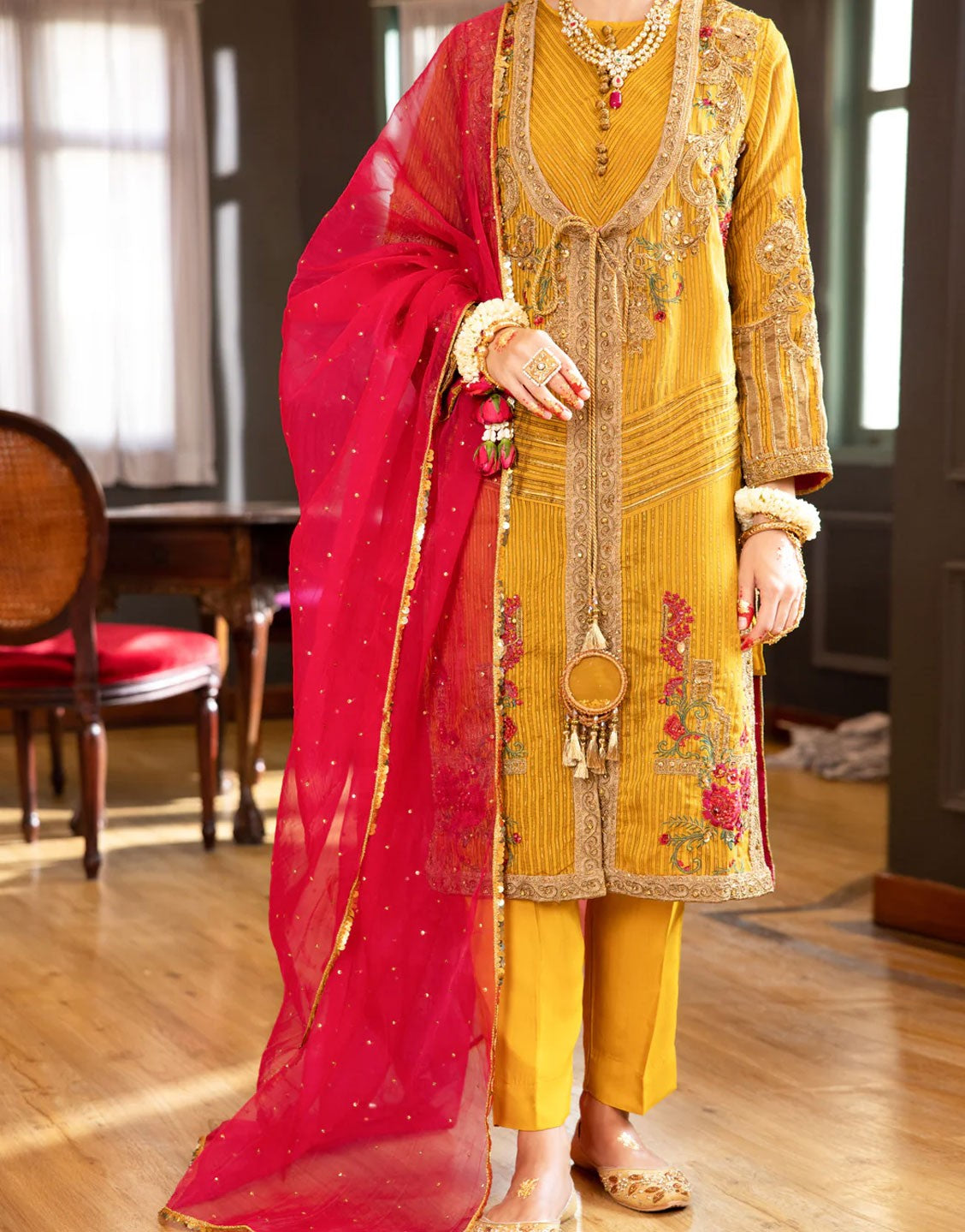 Almirah 3 Piece Khaddi Yarn Dyed Mehndi Dress | AL-3PS-LS-374