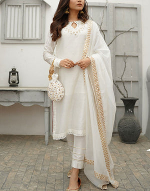 Amna Ismail 3 Piece White Cotton Net Dhabka EID Dress