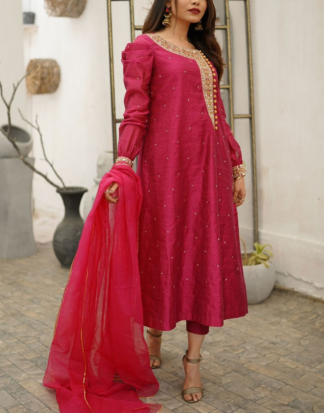 Amna Ismail 3 Pcs Stitched Magenta Loom EID Net Dress