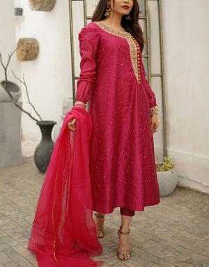 Amna Ismail 3 Pcs Stitched Magenta Loom EID Net Dress
