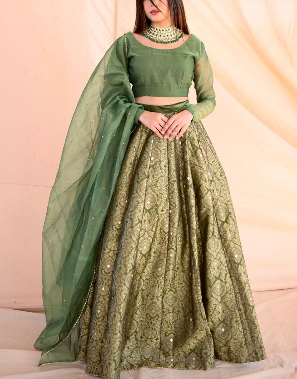 Amna Ismail Organza Olive Green Lehenga Choli | AI94510