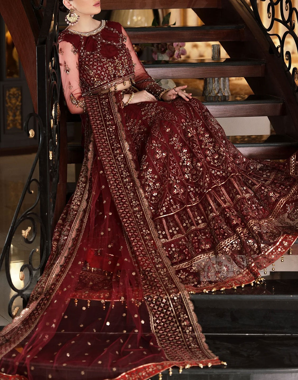 Emaan Adeel Luxury Embroidered Net Bridal Lehenga Dress | MH-04