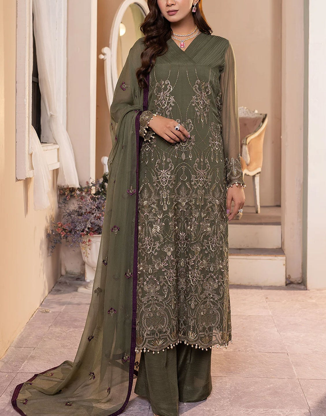 Flossie Embroidered Chiffon Wedding Wear Dress | ZEBA K-1407-B