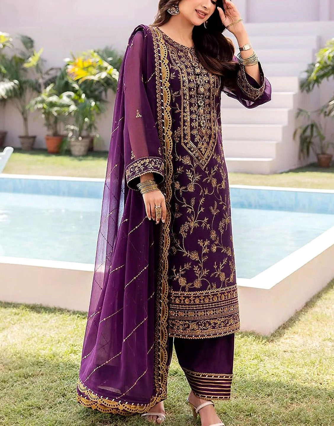 Adorable Embroidered Purple Chiffon Wedding Dress 