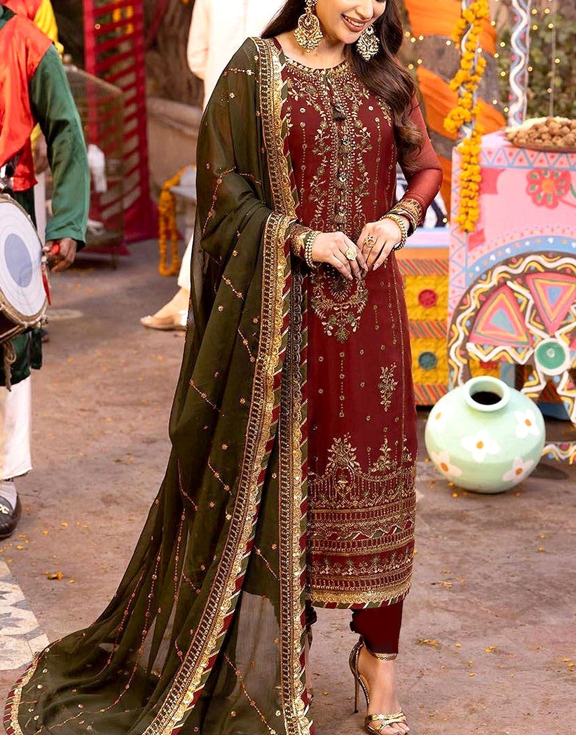 Adorable Embroidered Fancy Maroon Chiffon Party Wear Dress 