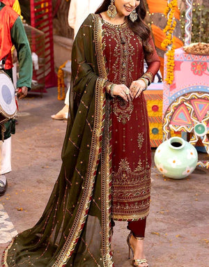 Adorable Embroidered Fancy Maroon Chiffon Party Wear Dress 