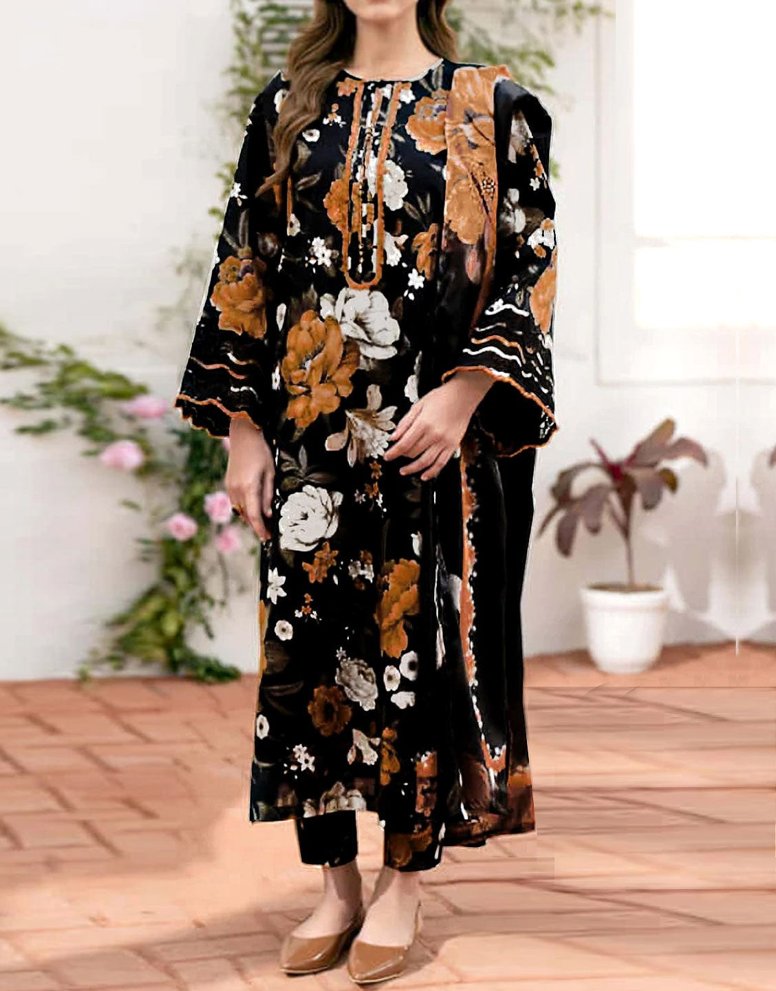 All-Over Digital Print Karandi Dress  with Karandi Dupatta