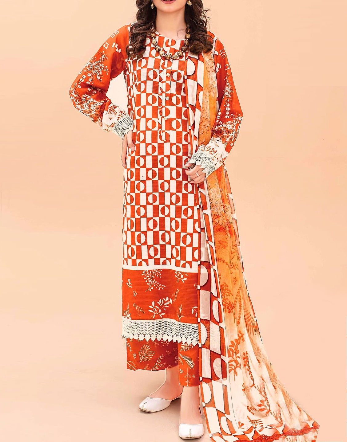 All-Over Digital Print Woolen Linen Dress 2024 with Linen Dupatta