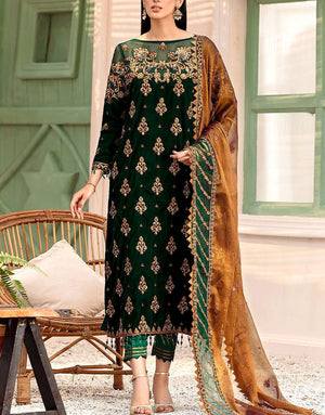Adorable Heavy Embroidered Bottle Green Velvet Wedding Dress with Emb. Net Dupatta