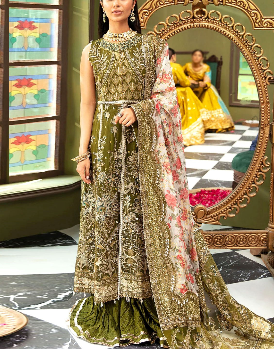 Luxurious Heavy Embroidered Organza Bridal Mehndi Dress 