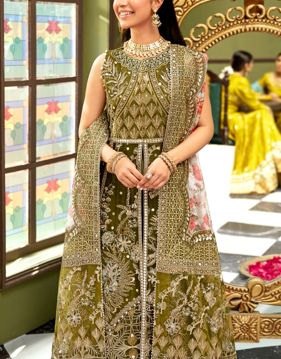 Luxurious Heavy Embroidered Organza Bridal Mehndi Dress
