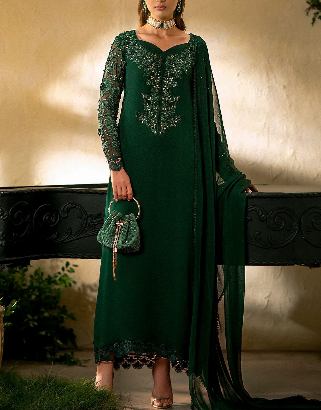Elegant Embroidered Chiffon Party Wear Dress  with Silk Trouser