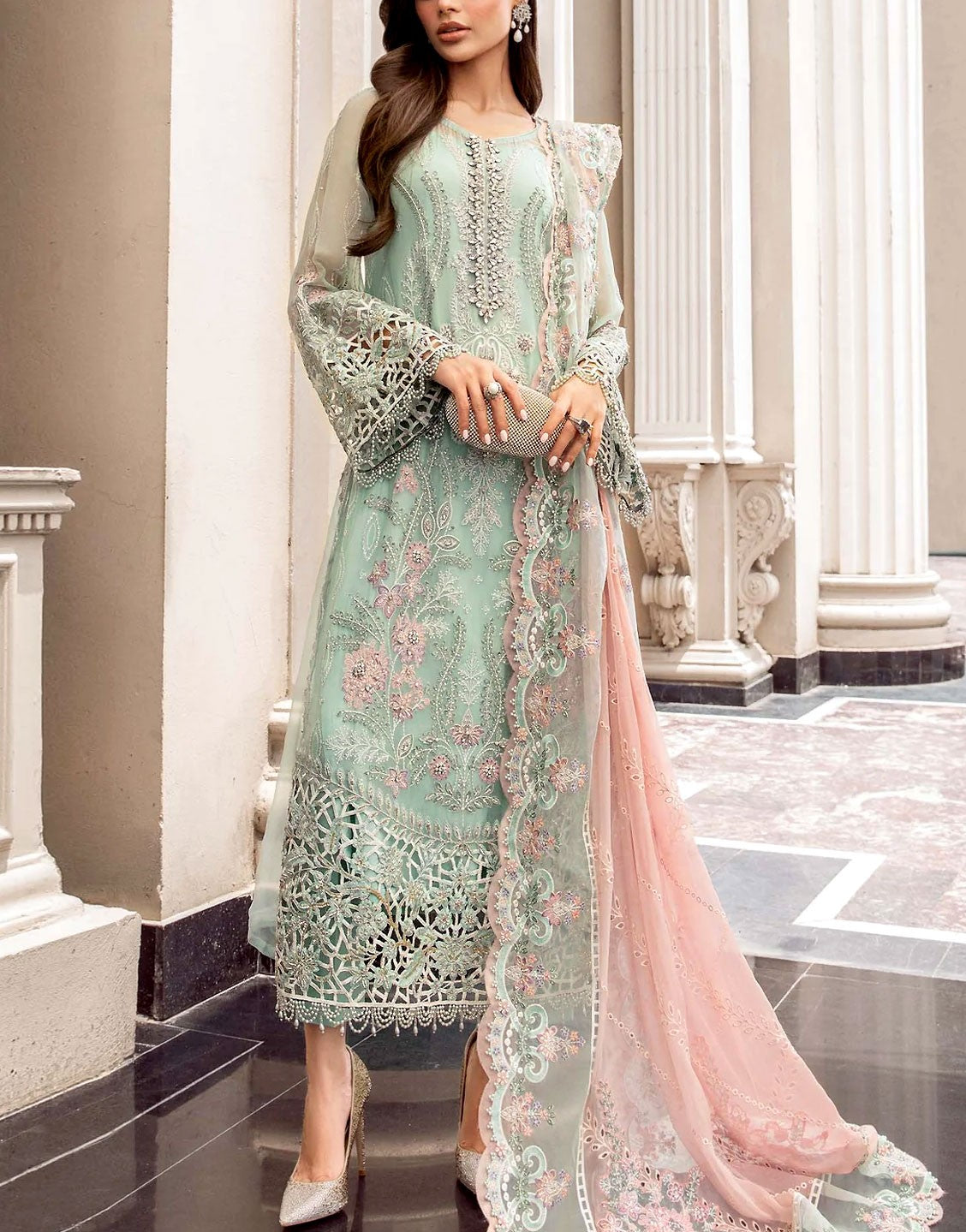 Glamorous Heavy Embroidered with Handwork & Cutwork Chiffon Wedding Dress 