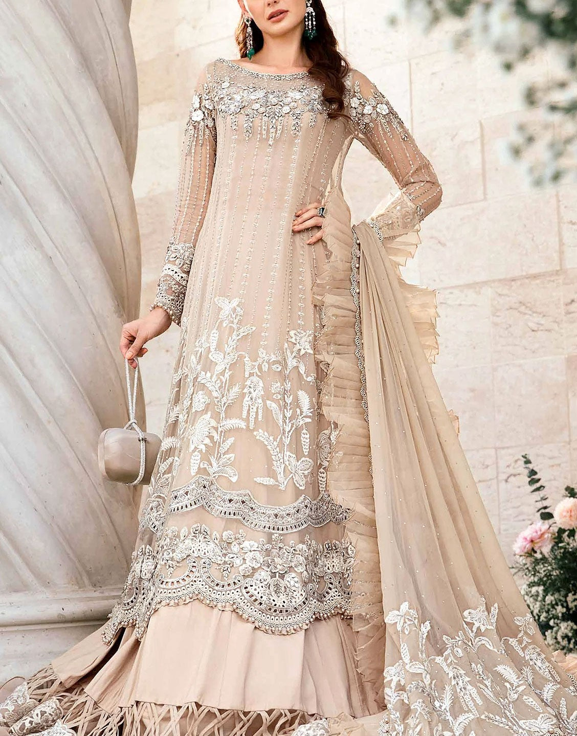 Luxurious 3D Handwork Heavy Embroidered Chiffon Bridal Dress 