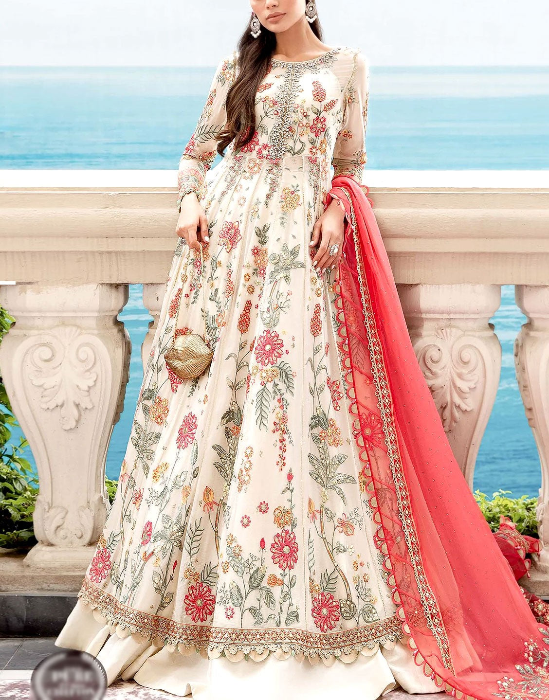 Luxury Heavy Embroidered White Chiffon Maxi Dress 