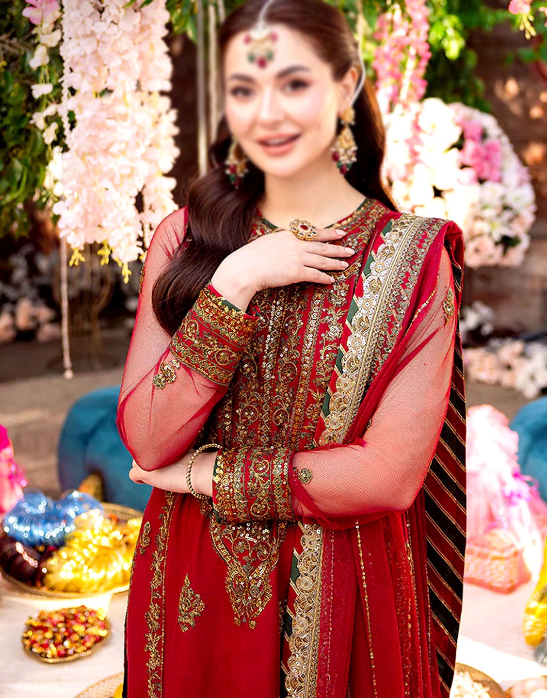 Fancy Embroidered Red Chiffon Party Wear Dress with Chiffon Dupatta