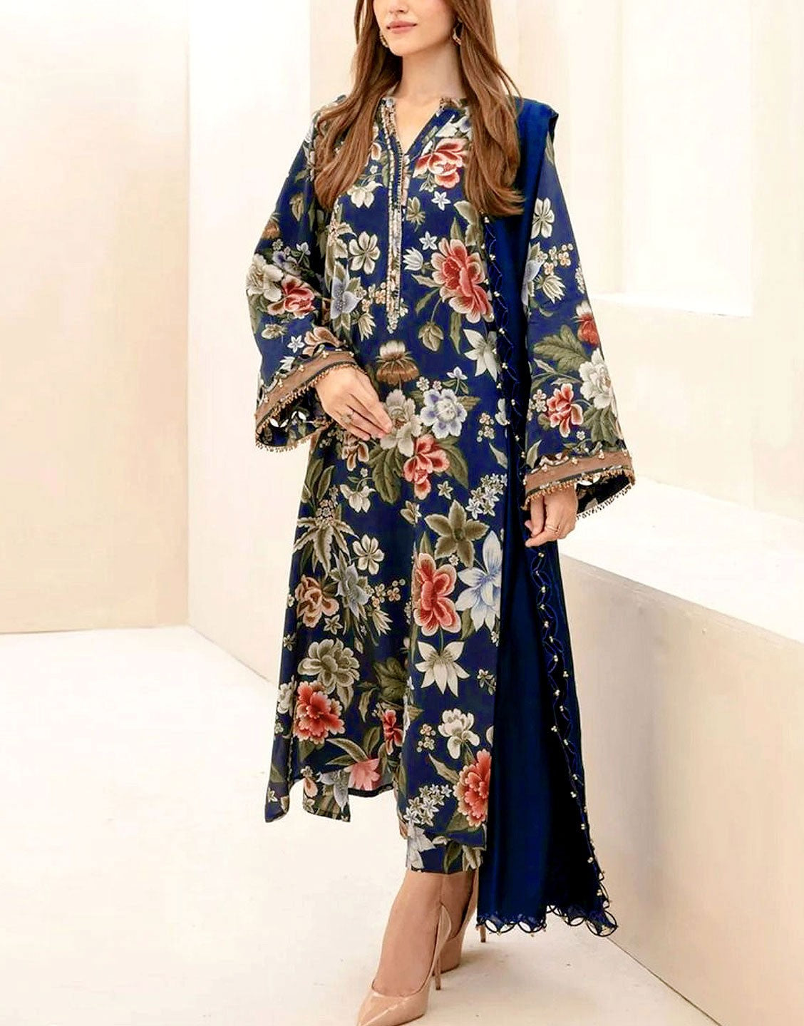 All-Over Digital Print Dhanak Suit with Dhanak Shawl