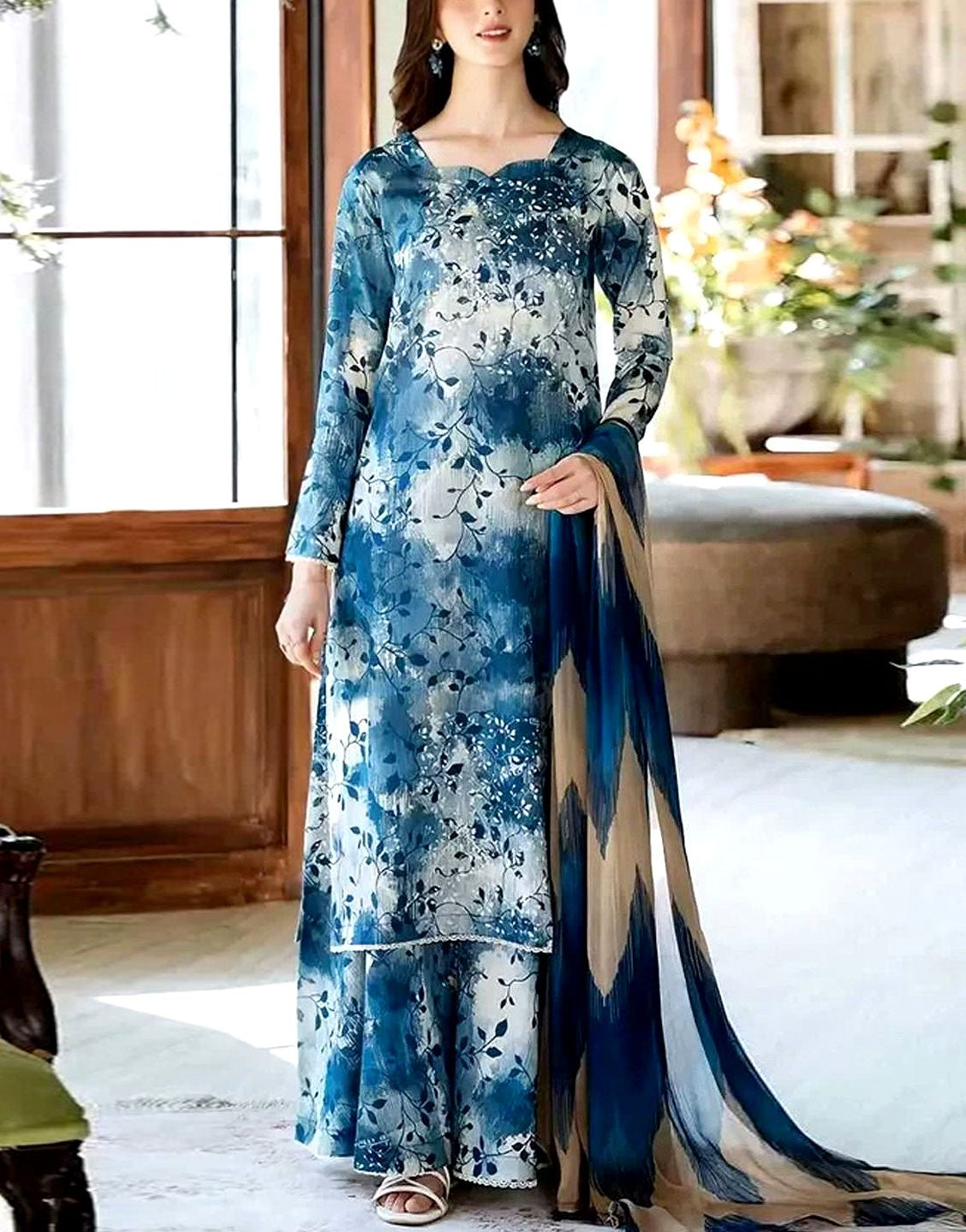 All-Over Digital Print Linen Suit  with Linen Dupatta