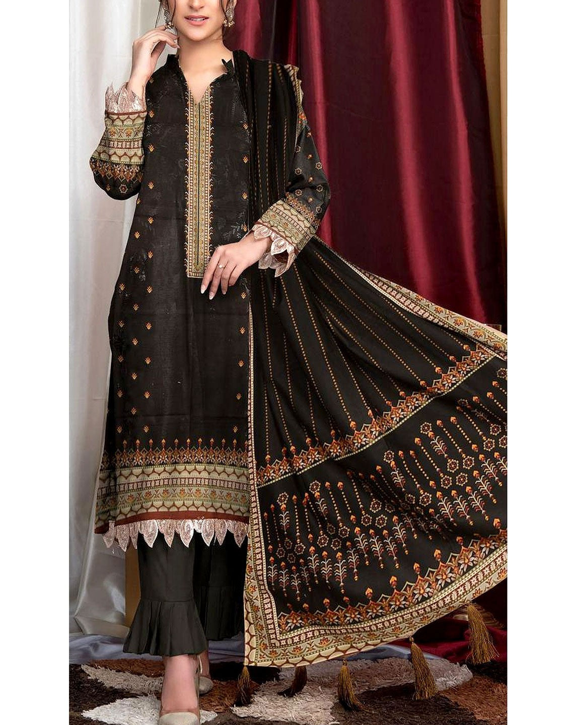 Digital Print Black Khaddar Suit  with Khaddar Dupatta
