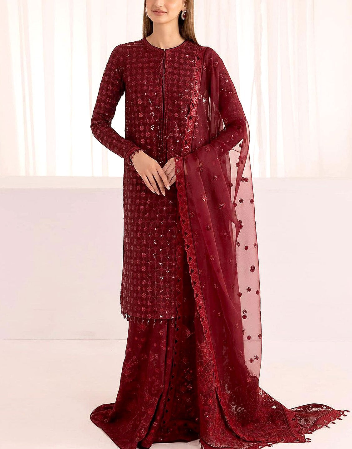 Luxury Heavy Embroidered Maroon Chiffon Wedding Dress 