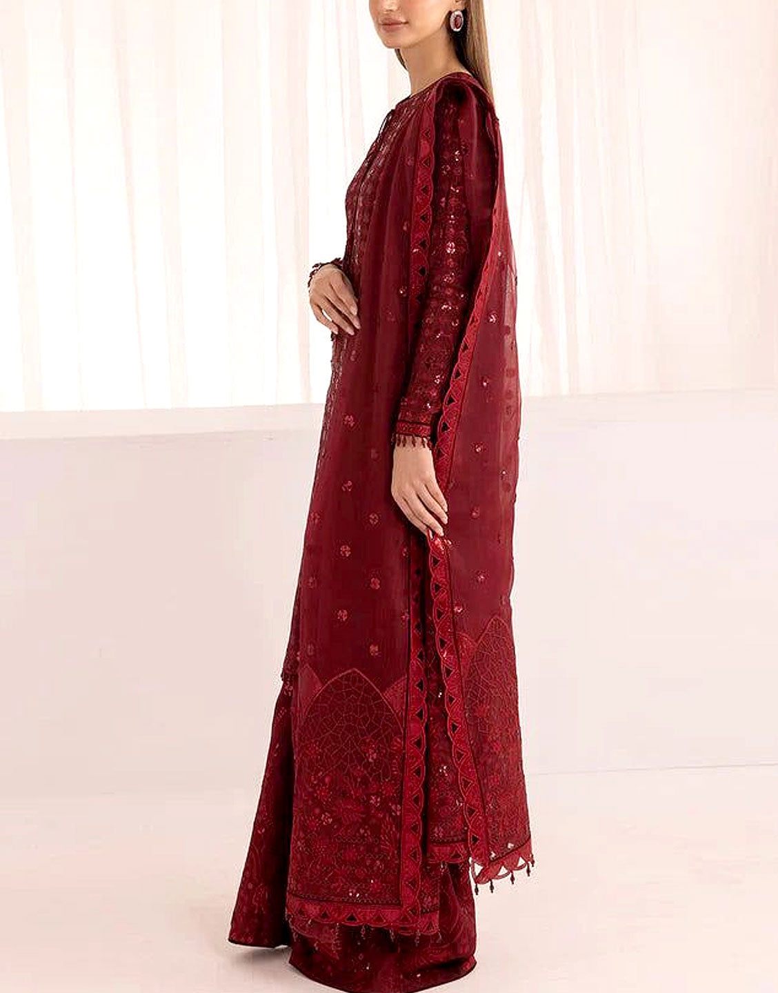 Luxury Heavy Embroidered Maroon Chiffon Wedding Dress