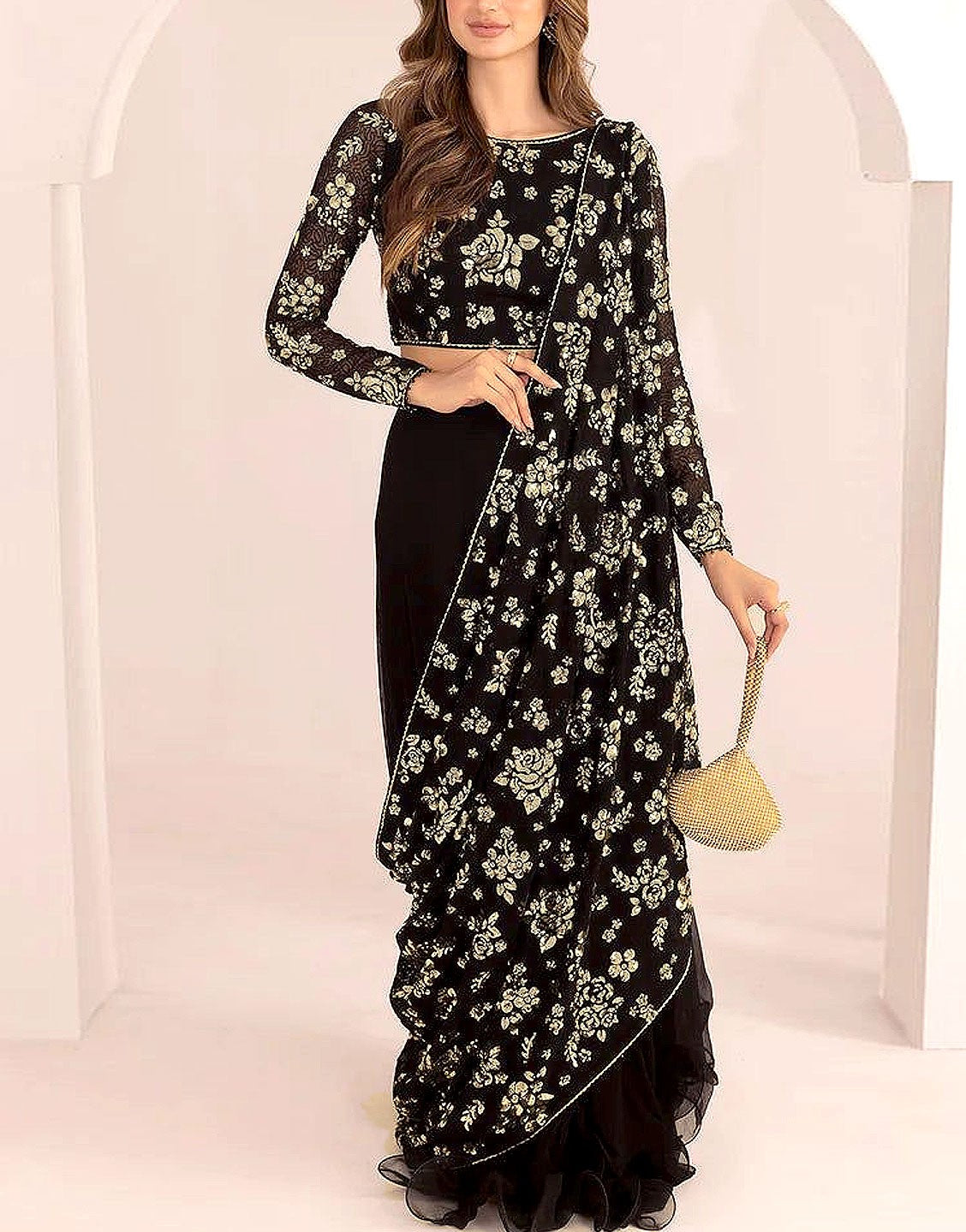 Luxury Heavy Embroidered Black Chiffon Wedding Saree 