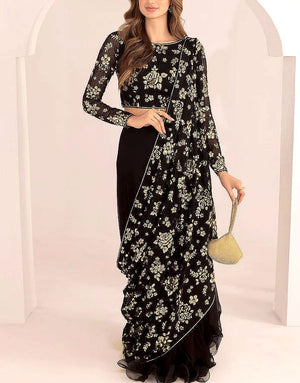 Luxury Heavy Embroidered Black Chiffon Wedding Saree 