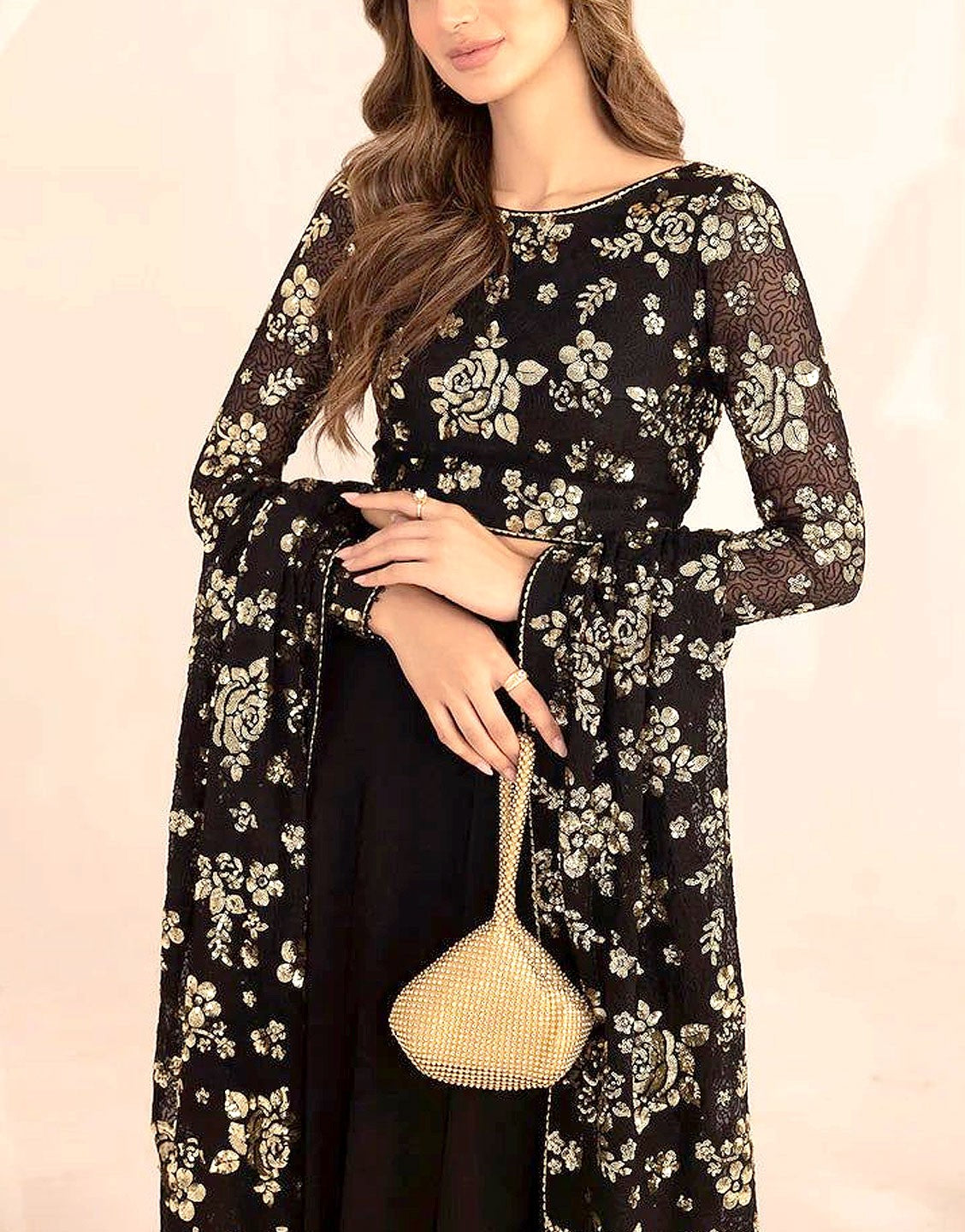Luxury Heavy Embroidered Black Chiffon Wedding Saree
