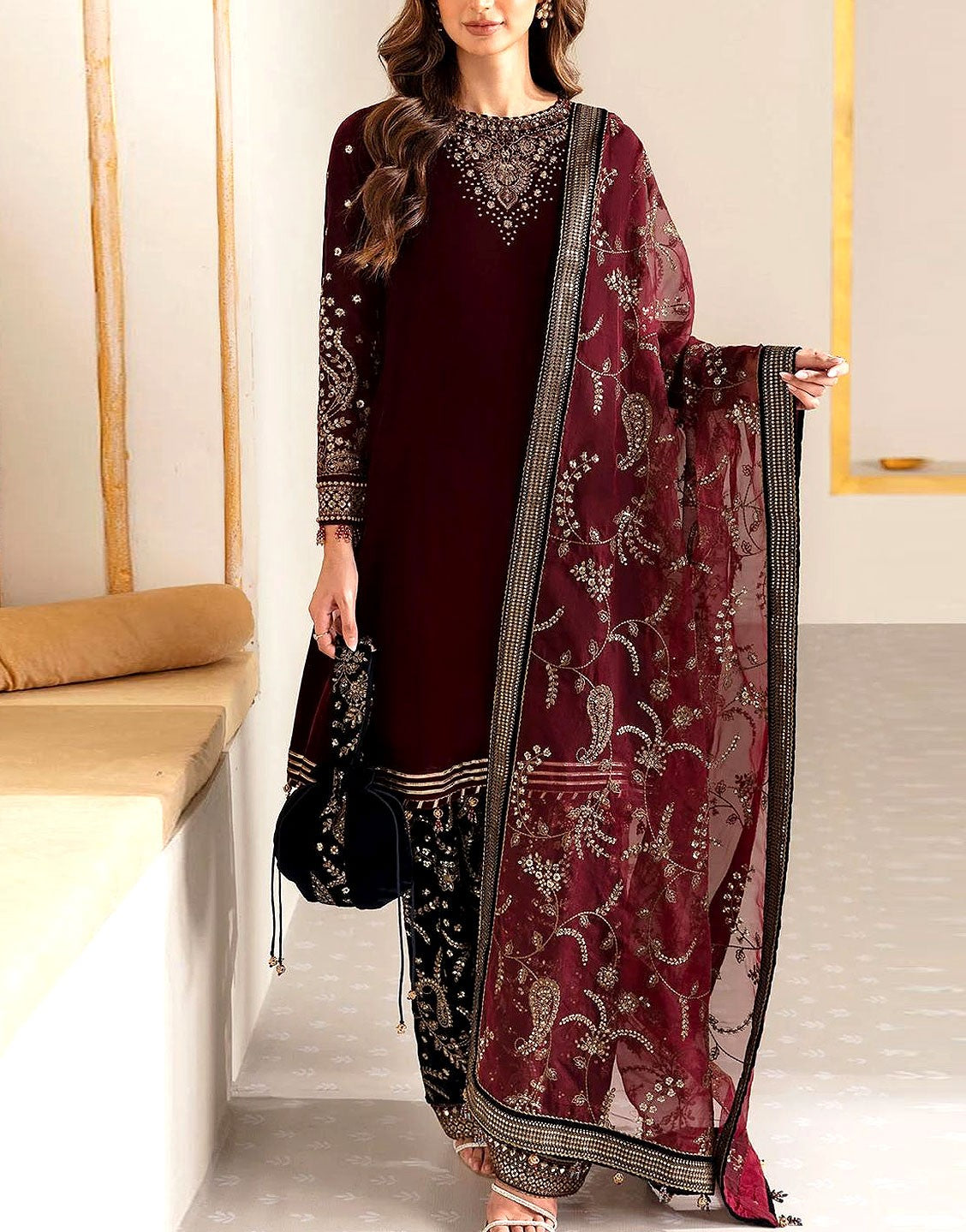 Trendy Embroidered Velvet Party Wear Dress with Emb. Silk Trouser
