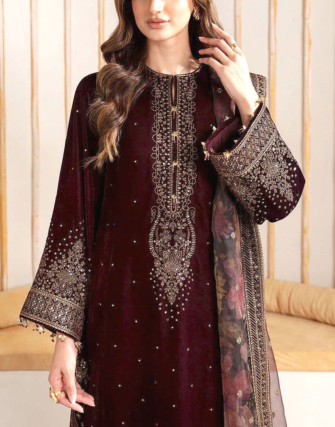 Luxury Heavy Embroidered Velvet Wedding Dress with Emb. Silk Trouser