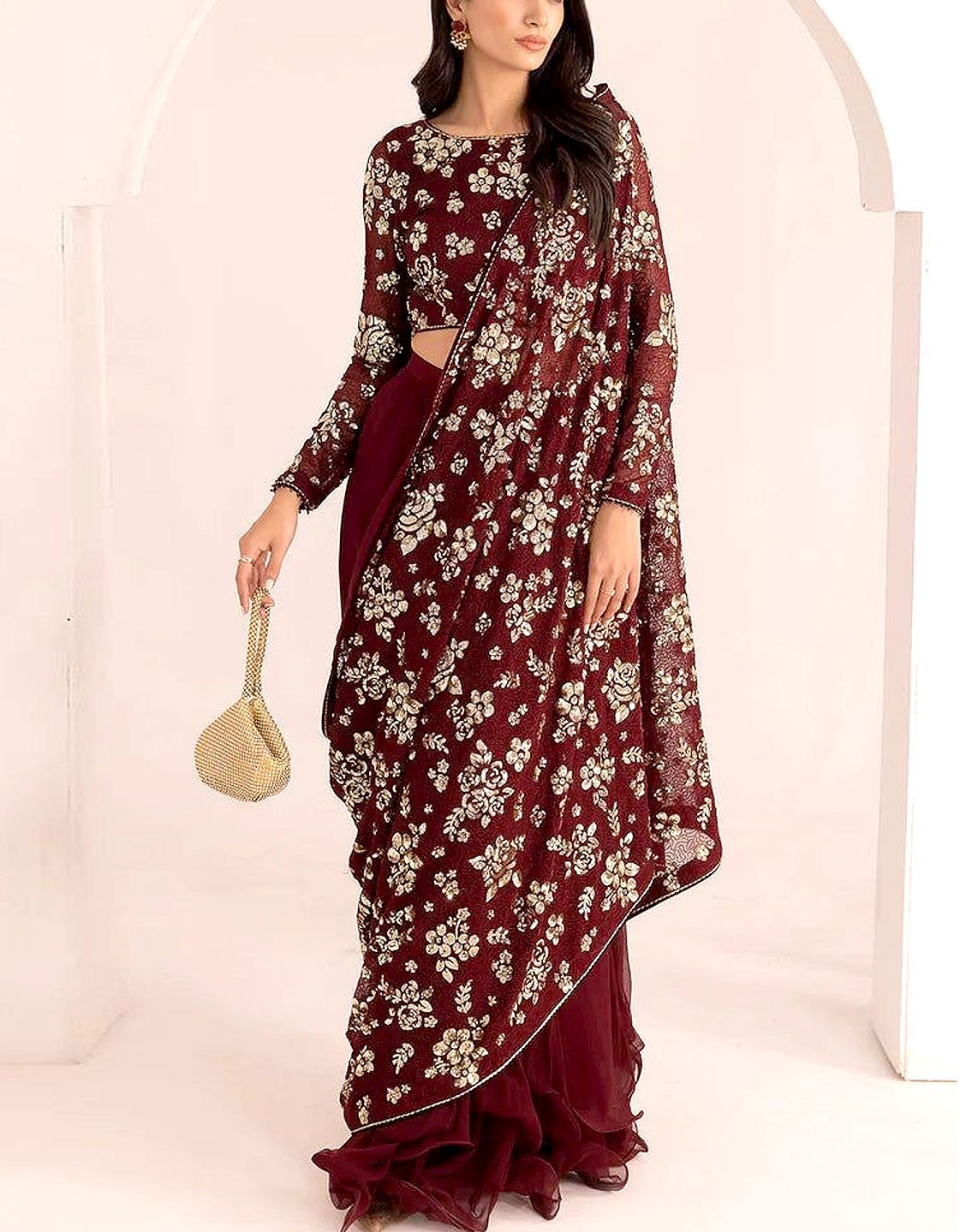 Luxury Heavy Embroidered Maroon Chiffon Wedding Saree 
