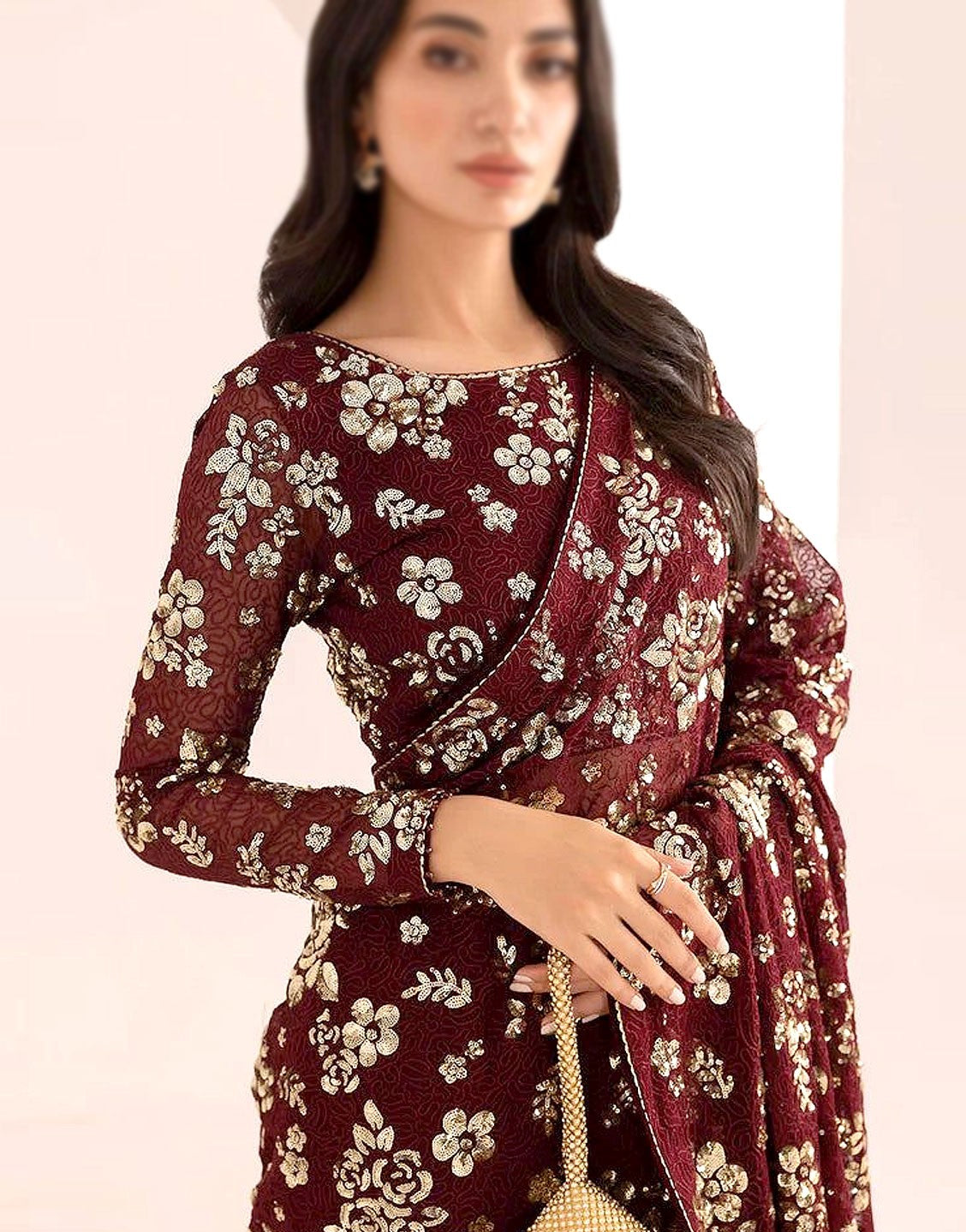 Luxury Heavy Embroidered Maroon Chiffon Wedding Saree