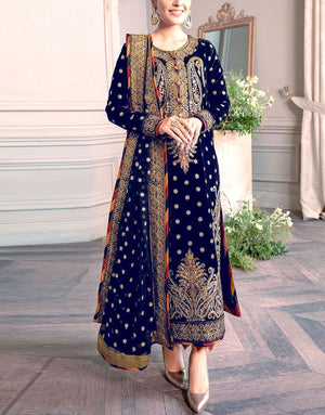 Luxury Heavy Embroidered Navy Blue Velvet Wedding Dress 2024