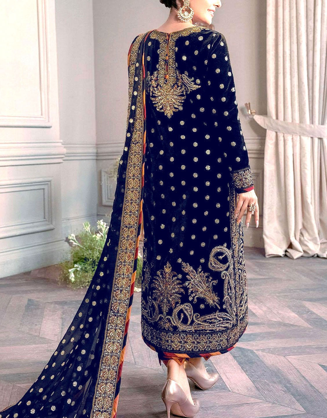 Luxury Heavy Embroidered Navy Blue Velvet Wedding Dress - Out of Stock