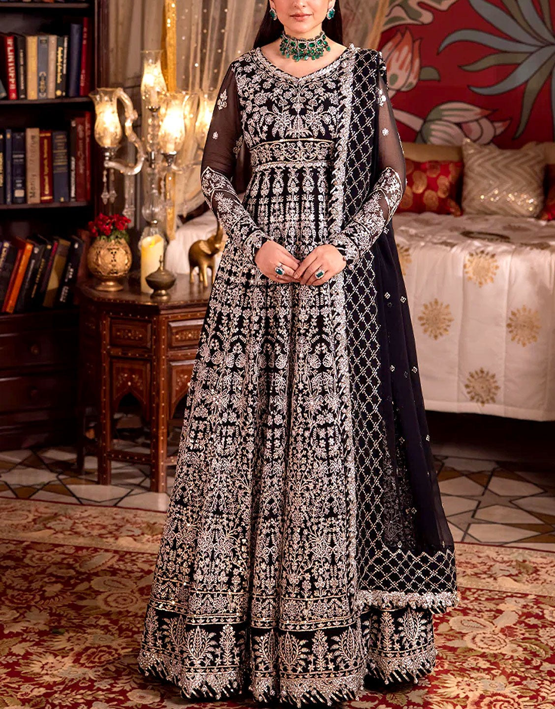 Luxurious Heavy Embroidered Bridal Chiffon Maxi Dress 