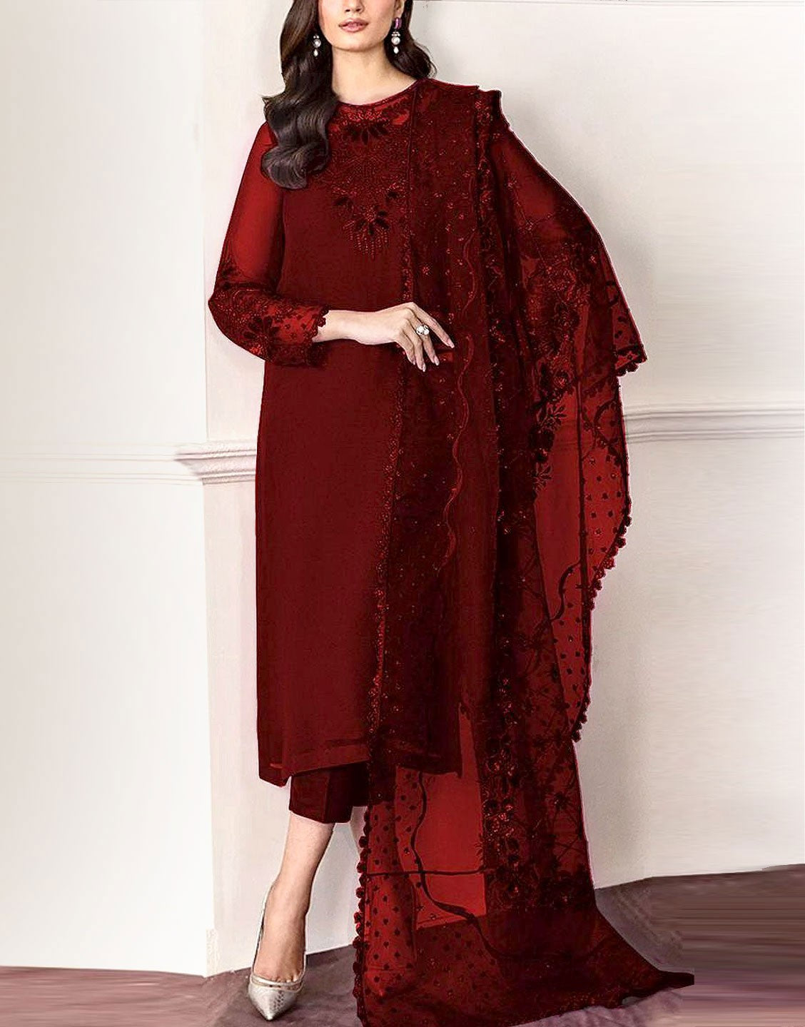 Fancy Embroidered Chiffon Party Wear Dress with Silk Trouser